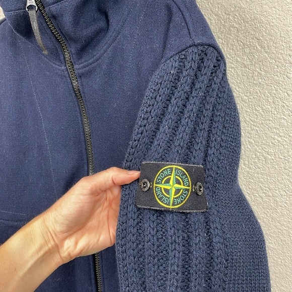 New Stone Island Logo Appliqued Wool Blend Hooded Jacket Blue Knit Sleeve Sz M - Picture 6 of 16